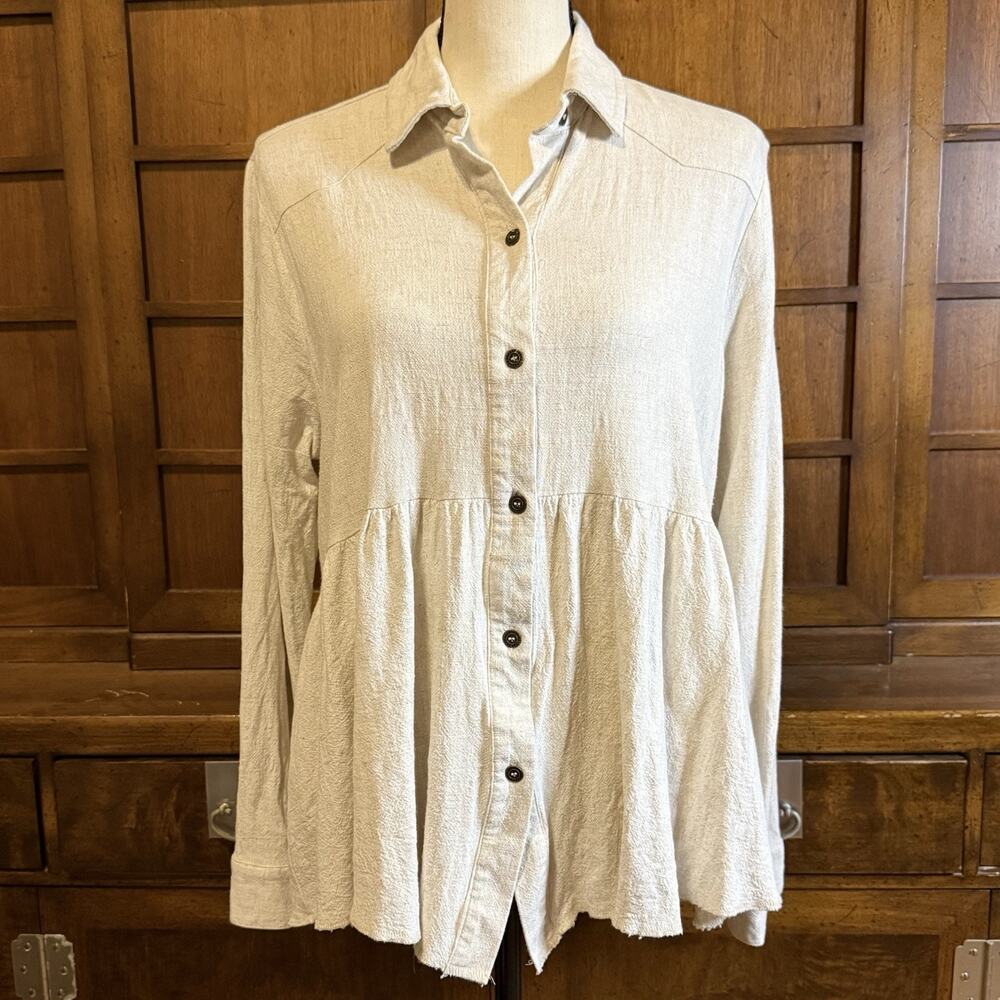 Umgee Women’s Linen Cotton Peplum Button Front Long Sleeve Top Oatmeal M